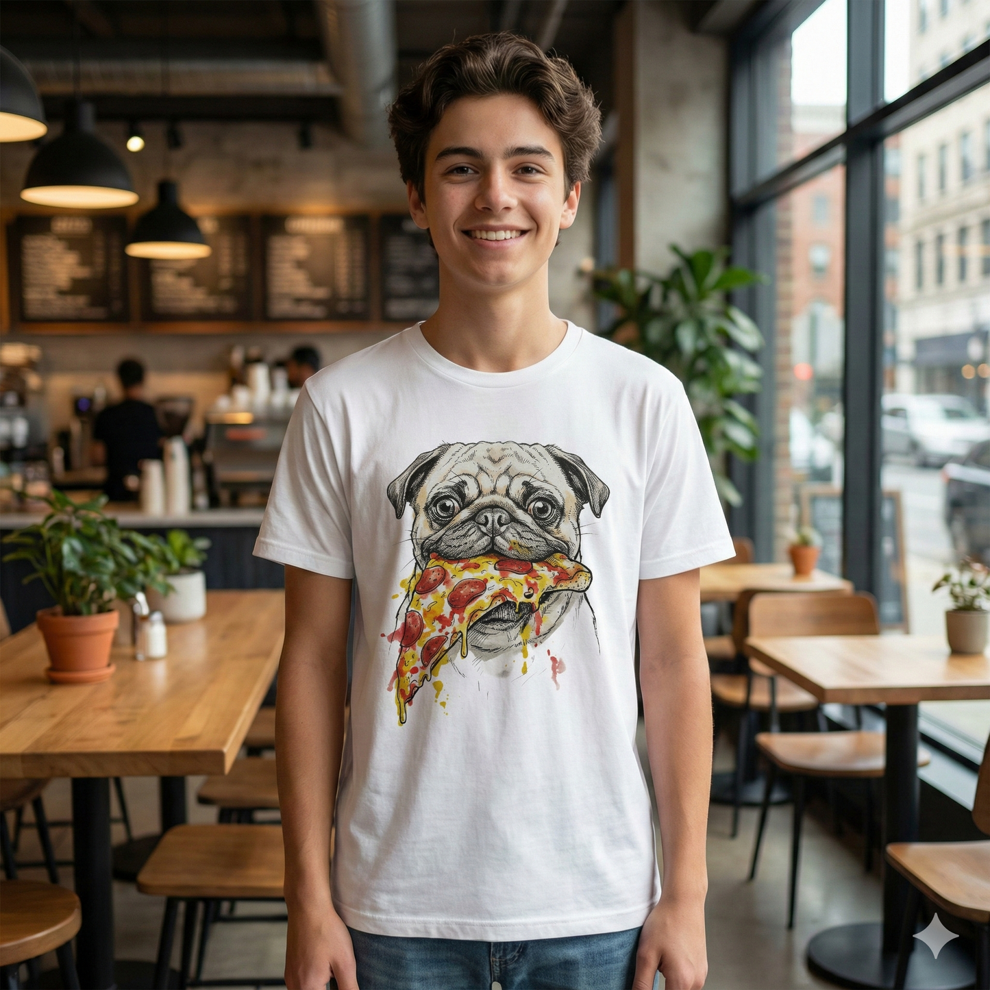 Premium T-Shirt "Pug and Pizza" - 100% Organic Cotton