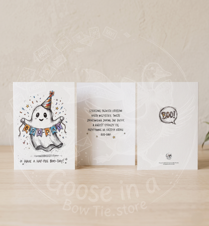 Kartka Urodzinowa „Hap-Pee Boo-Day!” – Uroczy Duszek (A5)- Drukowana
