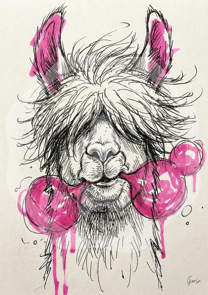 Printable poster - "Cool Llama with Pink Bubblegum"