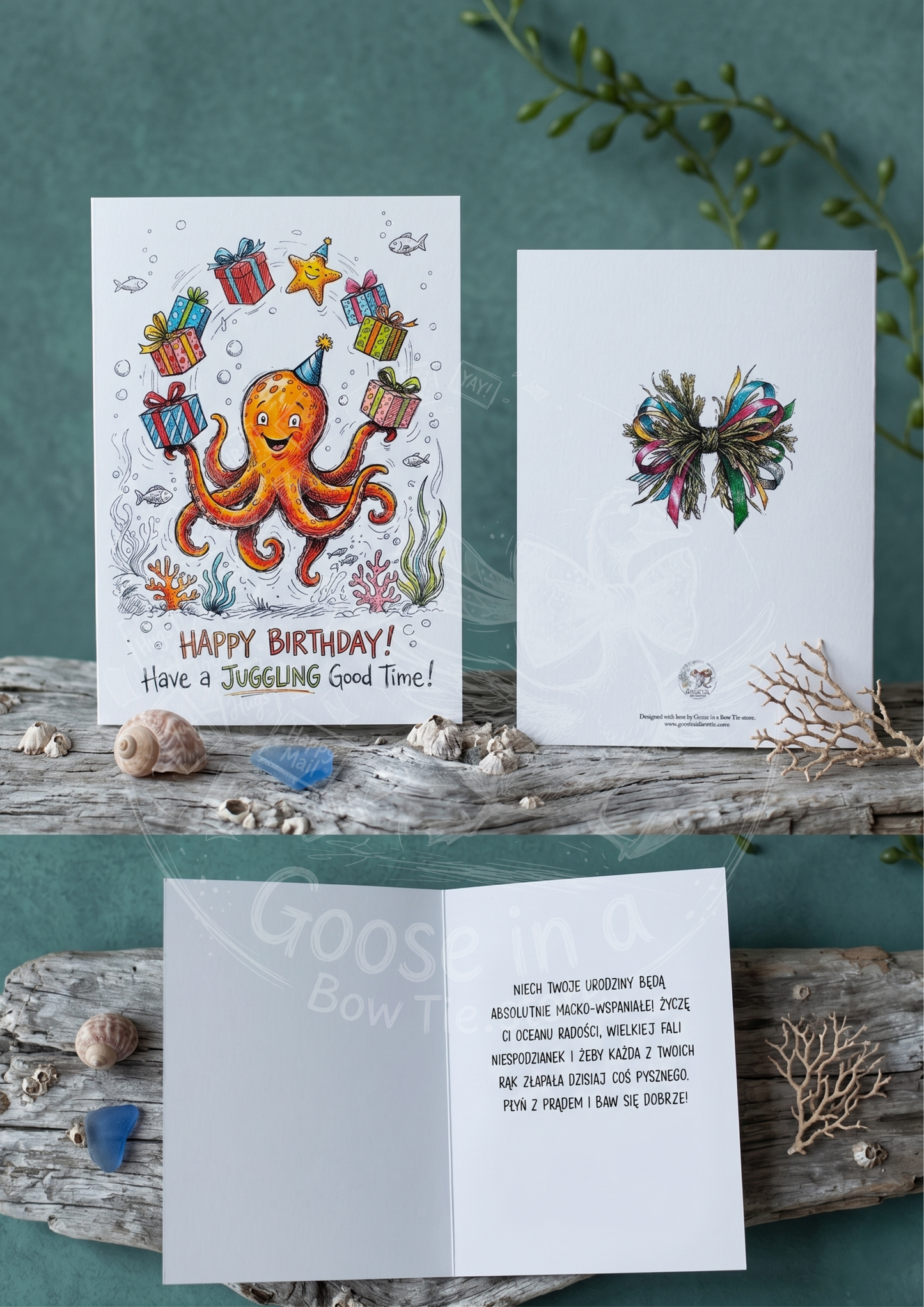 Kartka Urodzinowa z Ośmiornicą – „Have a Juggling Good Time!” (A5)- Drukowana