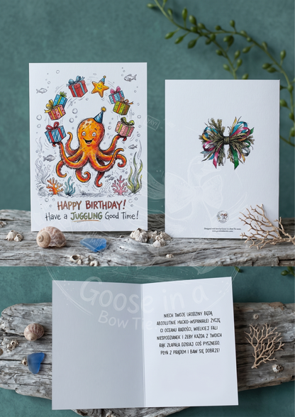 Kartka Urodzinowa z Ośmiornicą – „Have a Juggling Good Time!” (A5)- Drukowana