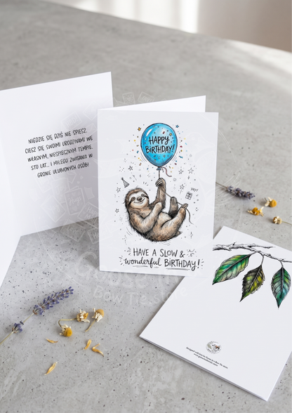 Kartka Urodzinowa z Leniwcem – "Have a Slow & Wonderful Birthday!"- Drukowana