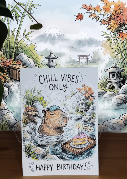 Kartka Urodzinowa: Chill Vibes Only – Kapibara w Onsenie (A5)- Drukowana