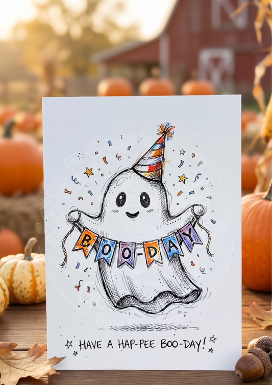 Kartka Urodzinowa „Hap-Pee Boo-Day!” – Uroczy Duszek (A5)- Drukowana