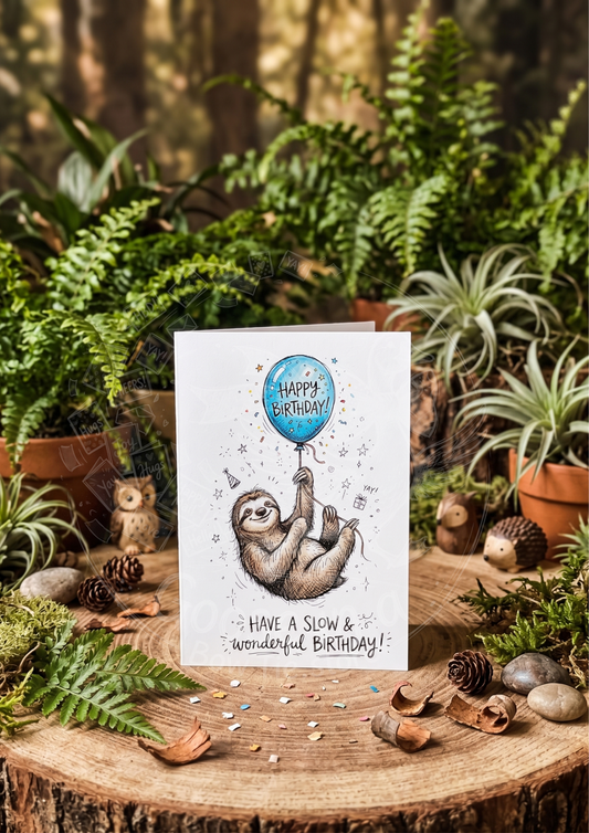 Kartka Urodzinowa z Leniwcem – "Have a Slow & Wonderful Birthday!"- Drukowana