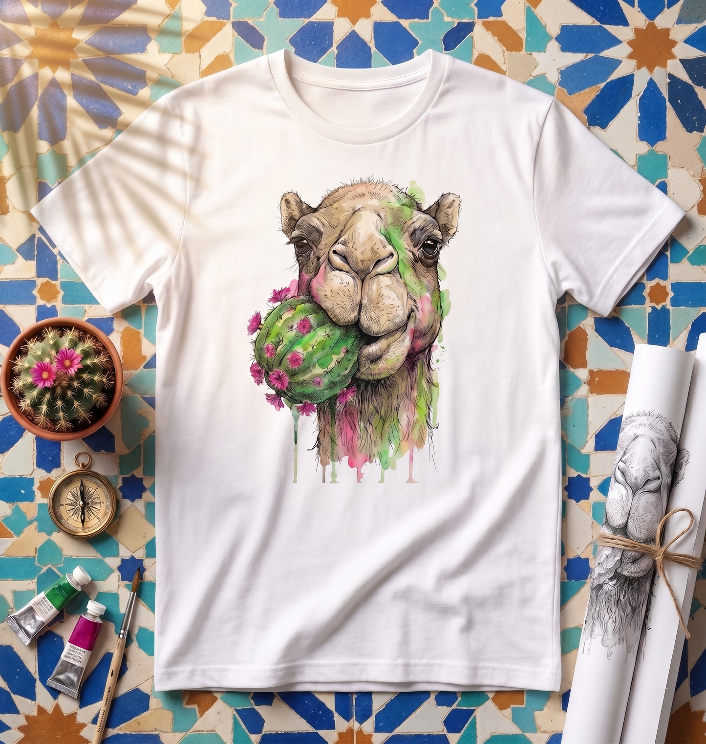 Premium T-Shirt –"Wielbłąd jedzący kaktusa"- 100% Bawełna Organiczna