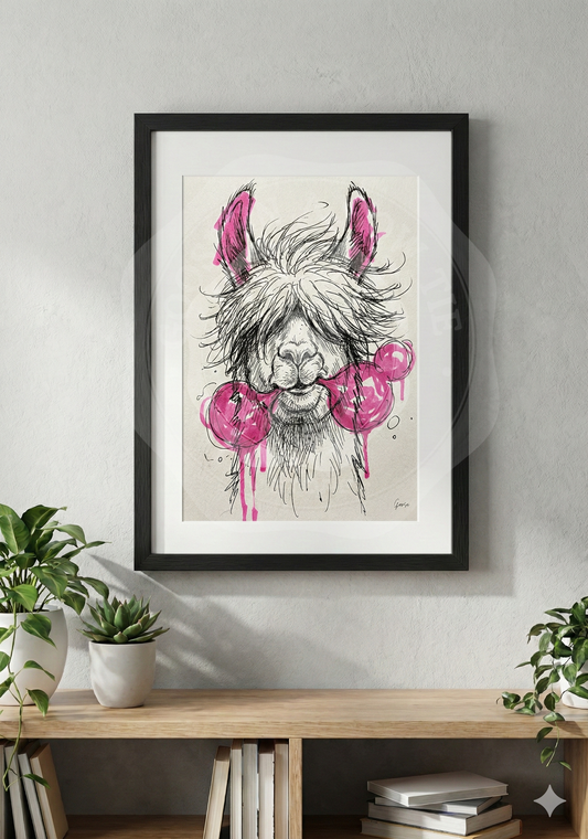 Printable poster - "Cool Llama with Pink Bubblegum"