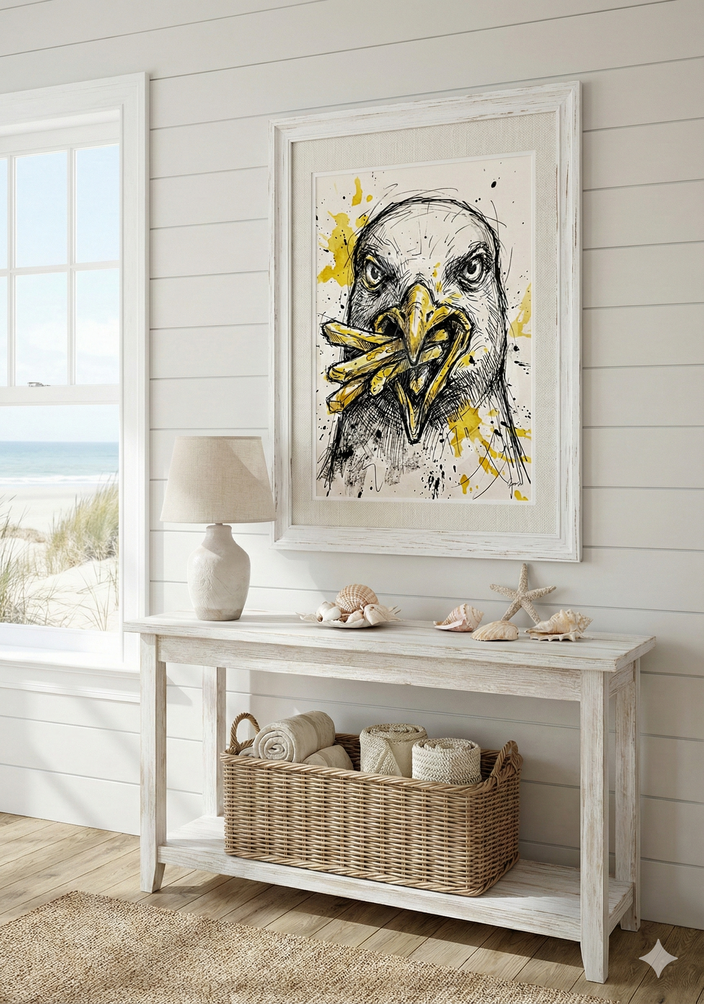 Plakat do druku- "Plażowy Bandyta" – Mewa z Frytkami