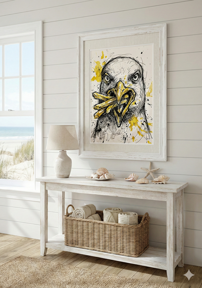 Plakat do druku- "Plażowy Bandyta" – Mewa z Frytkami
