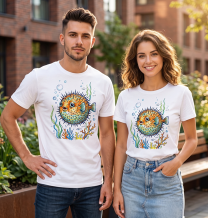 Premium T-Shirt "Kolorowa Rozdymka" – Artystyczny Ocean– 100% Bawełna Organiczna