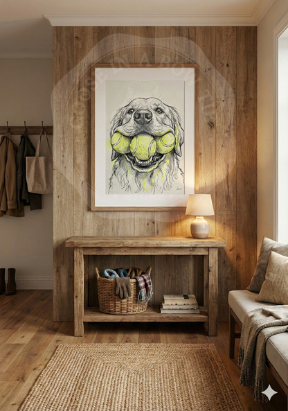 Plakat do druku- "Potrójny Aport" – Golden Retriever