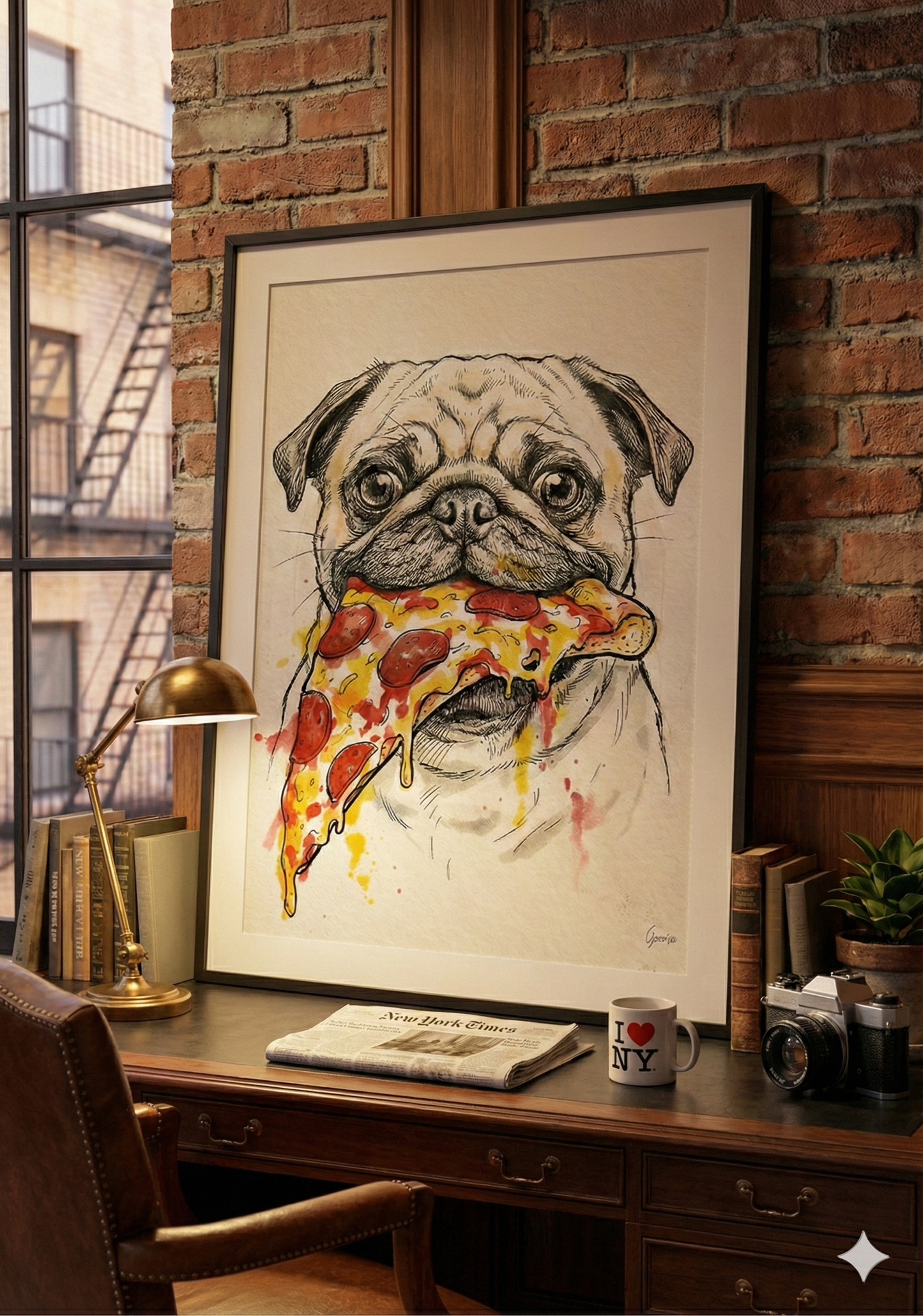 Plakat do druku- "Mops z Pizzą"