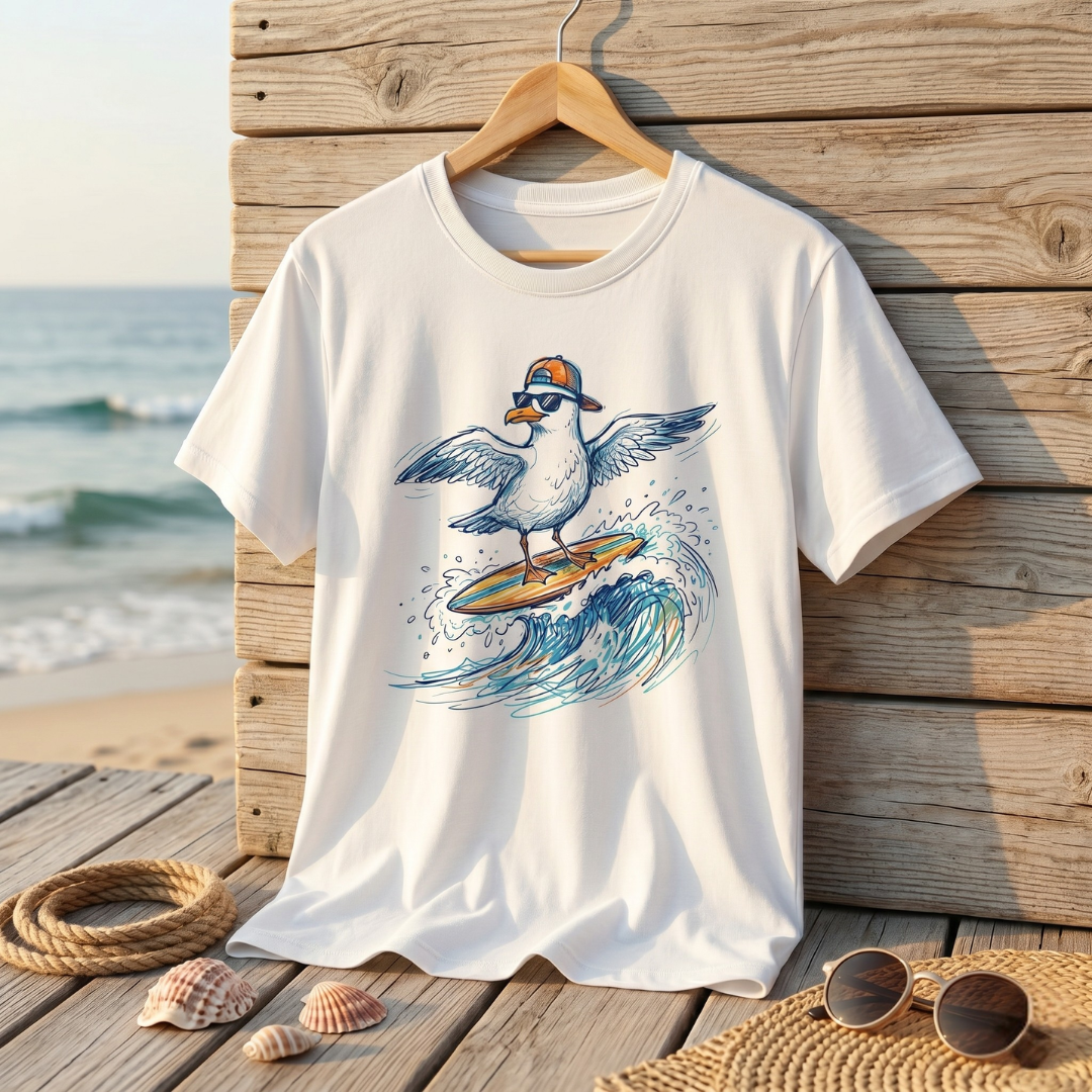 Premium T-Shirt – "Surfing Seagull"-100% Bawełna Organiczna