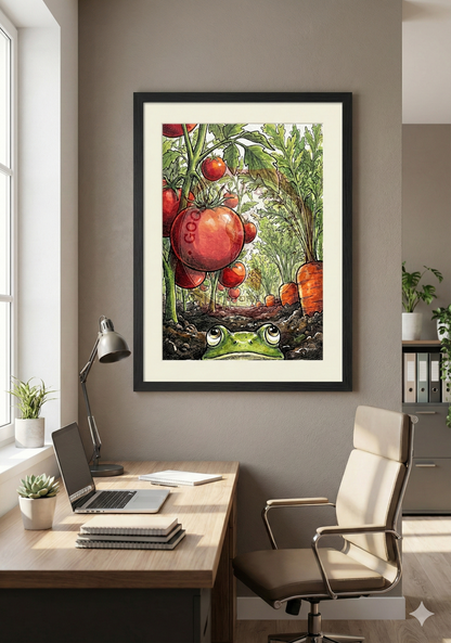 Plakat do druku- "Ogród Warzywny z Żabiej Perspektywy"