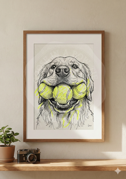 Plakat do druku- "Potrójny Aport" – Golden Retriever