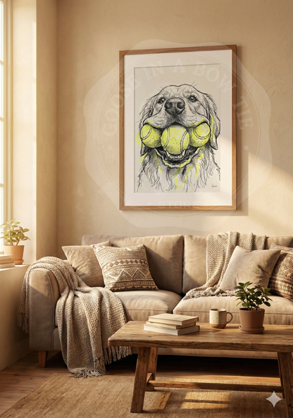 Plakat do druku- "Potrójny Aport" – Golden Retriever